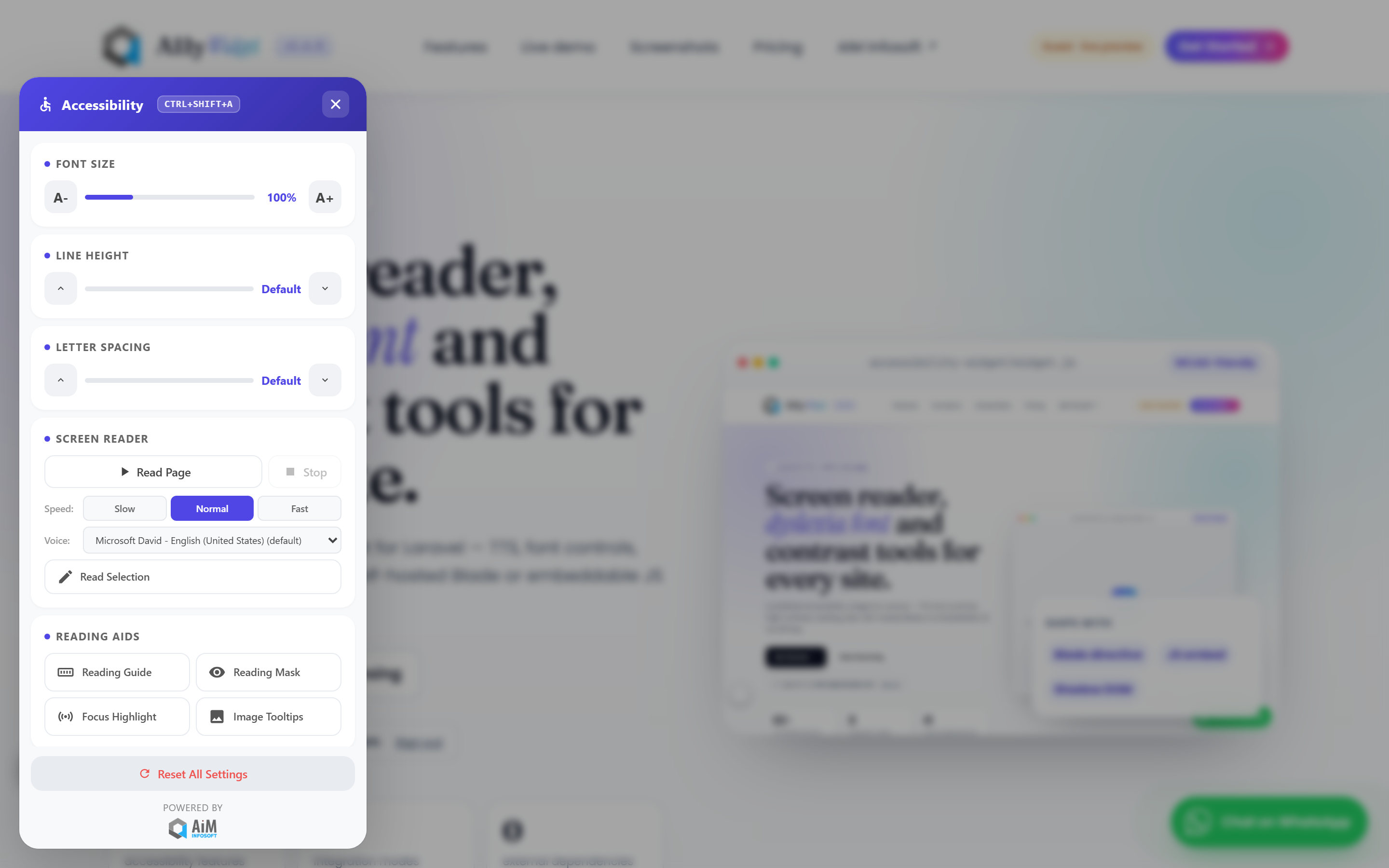 Accessibility widget open on a Laravel landing page — floating button bottom-left, settings panel showing font size, line height and screen reader controls.